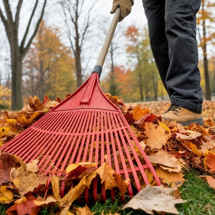 Rake gathering autumn leaves on a lawn